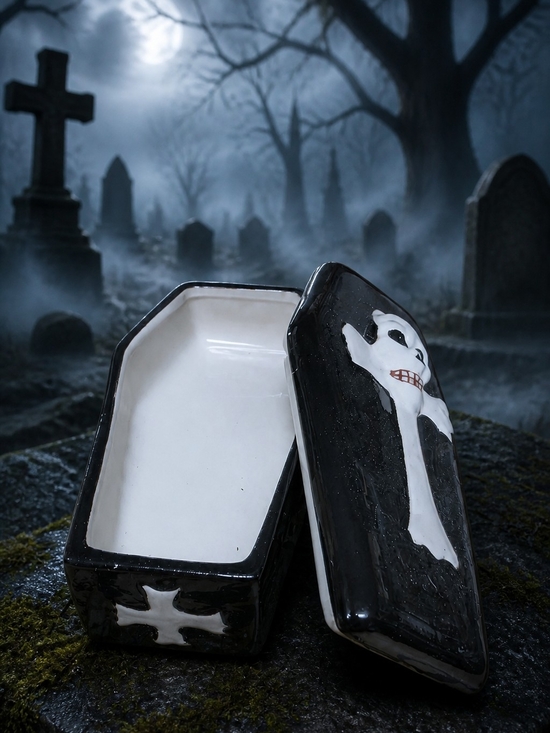 Other - Ceramic Coffin Trinket Box with Ghostly Skull Design - Black & White